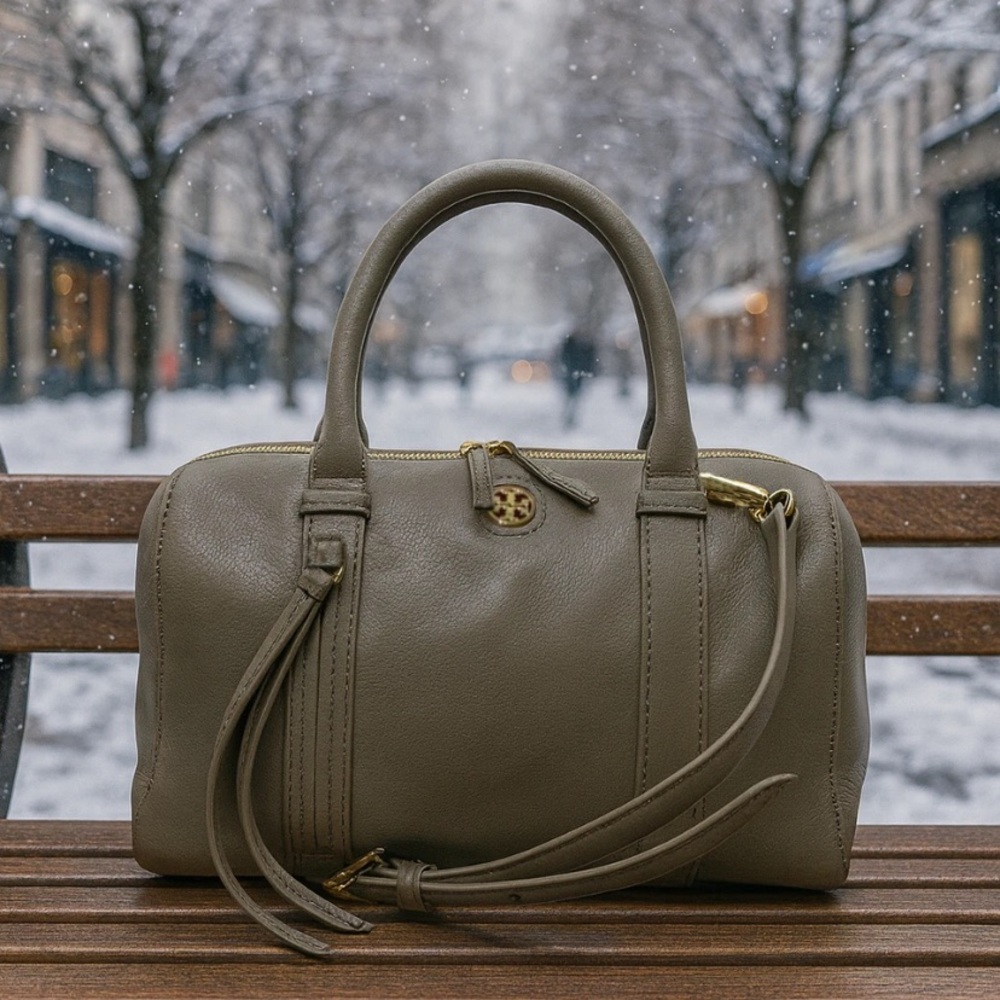 Tory Burch Gray Leather Satchel with Gold Hardware